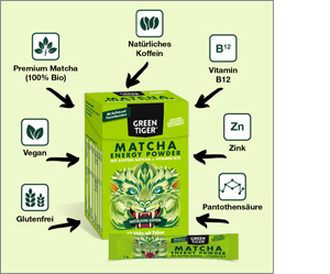 GREEN TIGER Matcha Energipulver Sticks, 12X7 g