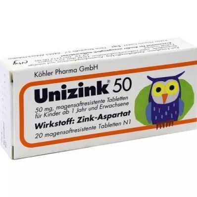 UNIZINK 50 mave-resistente tabletter, 20 stk