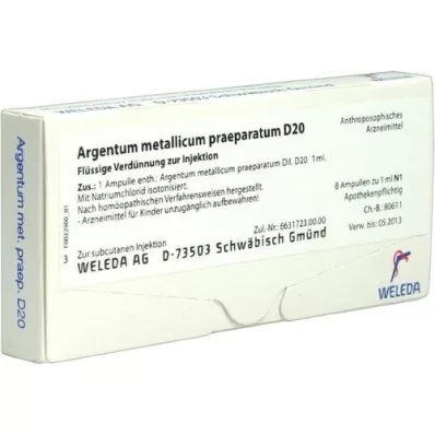 ARGENTUM METALLICUM praeparatum D 20 ampuller, 8 stk ARGENTUM METALLICUM praeparatum D 20 ampuller, 8 stk