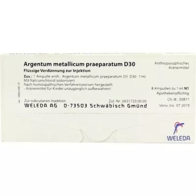 ARGENTUM METALLICUM praeparatum D 30 ampuller, 8 stk