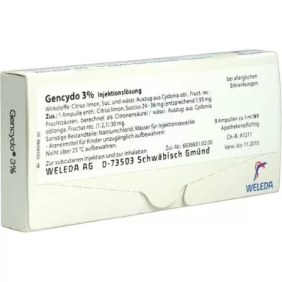 GENCYDO 3 % injektionsopløsning, 8 stk