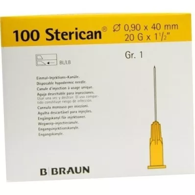 STERICAN Kanyler Luer-Lok 0,90x40 mm størrelse 1 gul, 100 stk