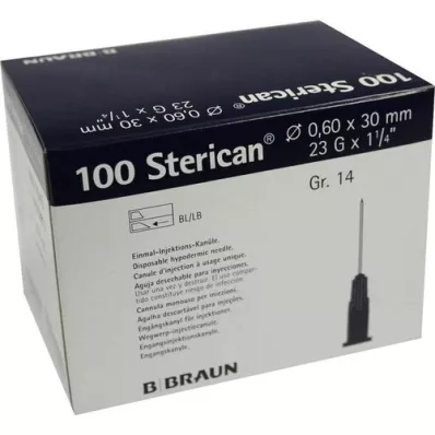 STERICAN Kanyler Luer-Lok 0,60x30 mm størrelse 14 blå, 100 stk