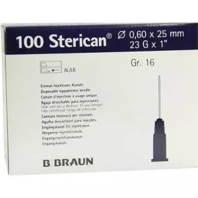 STERICAN Kanyler Luer-Lok 0,60x25 mm størrelse 16 blå, 100 stk