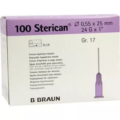 STERICAN Kanyler Luer-Lok 0,55x25 mm størrelse 17 lilla, 100 stk