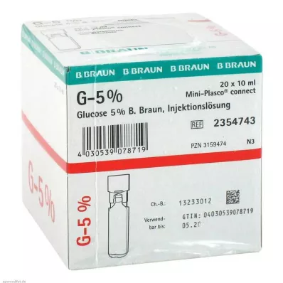 Glucose 5% Braun Mini Plasco connect injektionsvæske, 20X10 ml