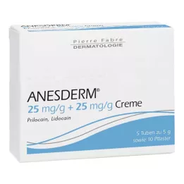 ANESDERM 25 mg/g + 25 mg/g creme + 10 plastre, 5X5 g