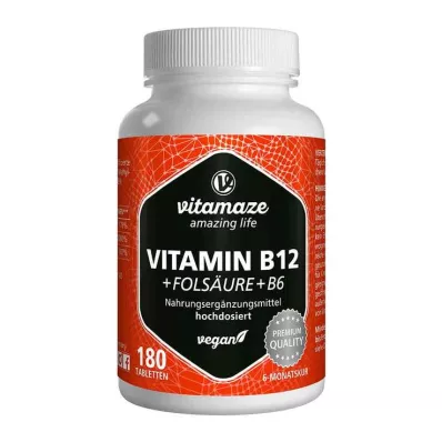 VITAMIN B12 1000 µg højdosis +B9+B6 veganske tabletter, 180 stk