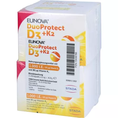 EUNOVA DuoProtect D3+K2 1.000 I.E./80 μg Kps.Kombi, 2X90 stk