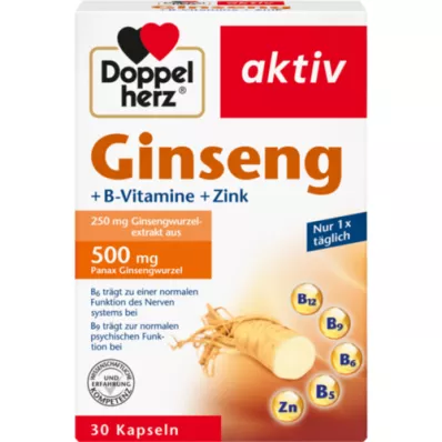 DOPPELHERZ Ginseng 250+B-Vitaminer+Zink Kapsler, 30 Kapsler