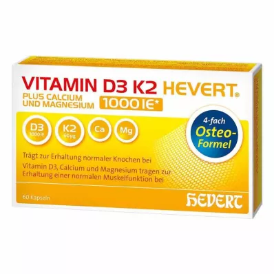 VITAMIN D3 K2 Hevert plus Ca Mg 1000 IE/2 kapsler, 60 stk