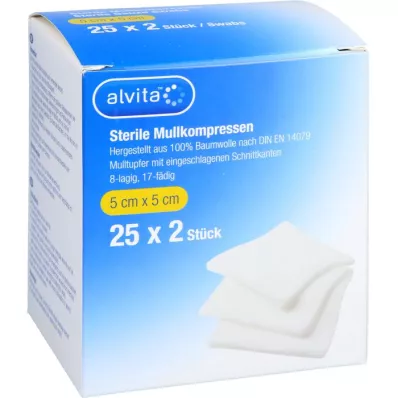 ALVITA Gazekompresser sterile 5x5 cm, 25X2 stk