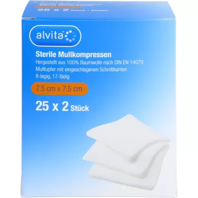 ALVITA Gazekompresser sterile 7,5x7,5 cm, 25X2 stk